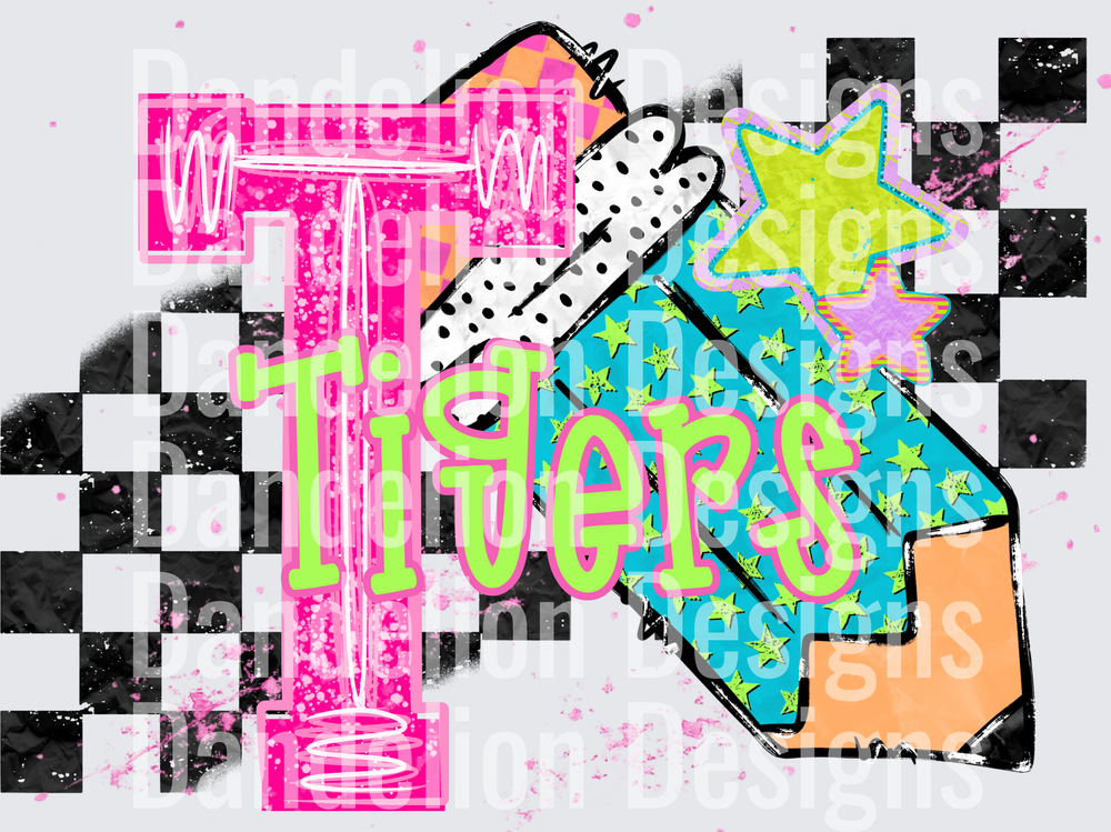 Retro Tigers Letter T Checkered Neon Star Mascot Design