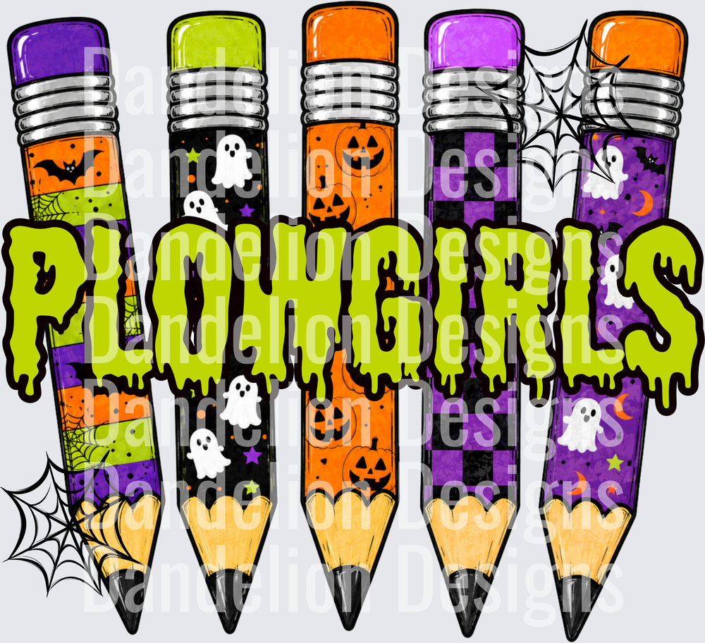 Plowgirls Halloween Pencils Ghosts Pumpkins Drip Text
