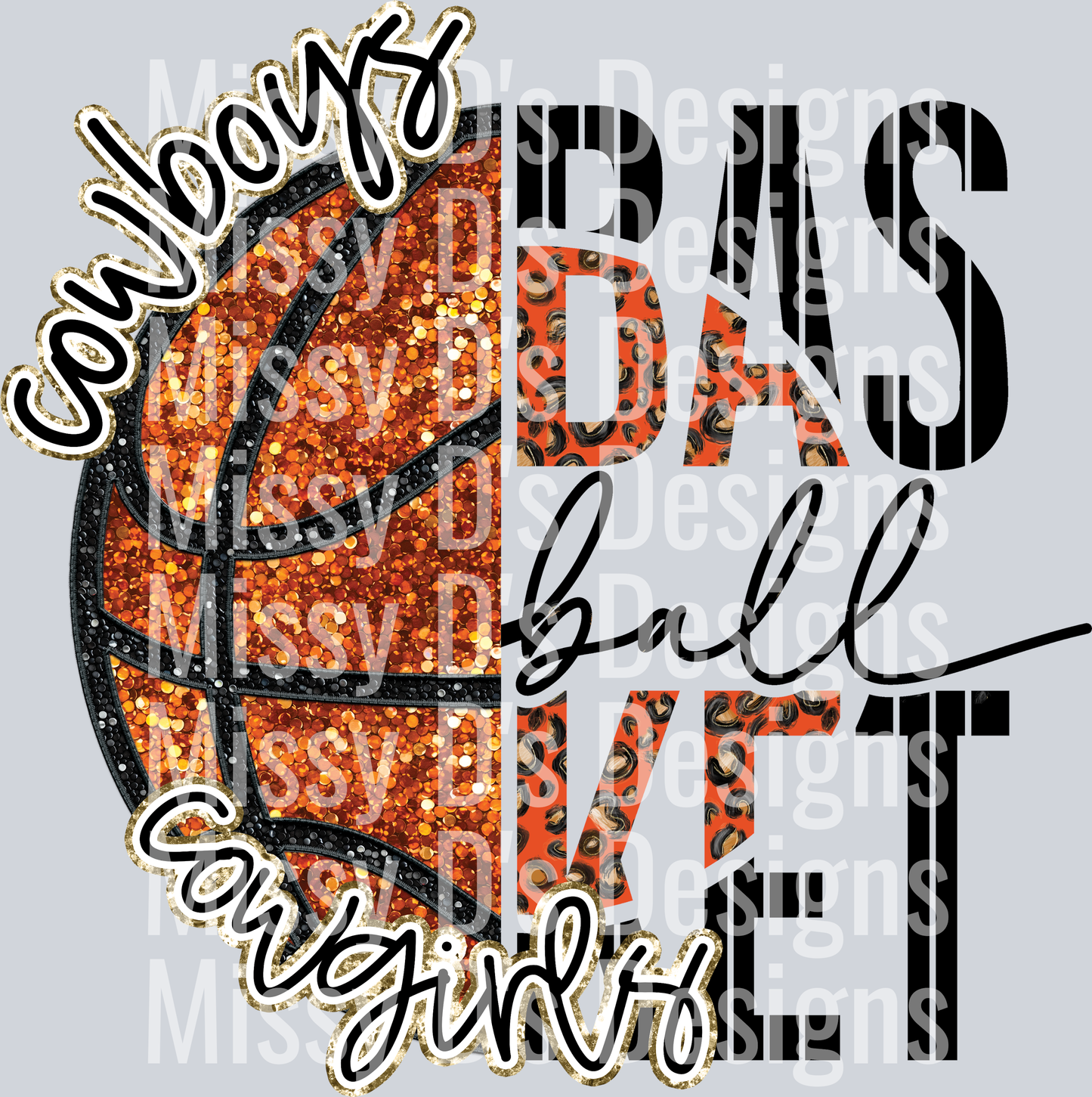 Faux Emb Basketball with broken writting cowboys cowgirls