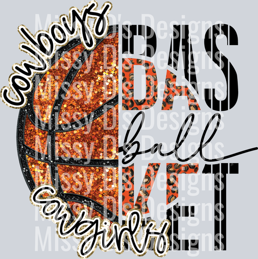 Faux Emb Basketball with broken writting cowboys cowgirls