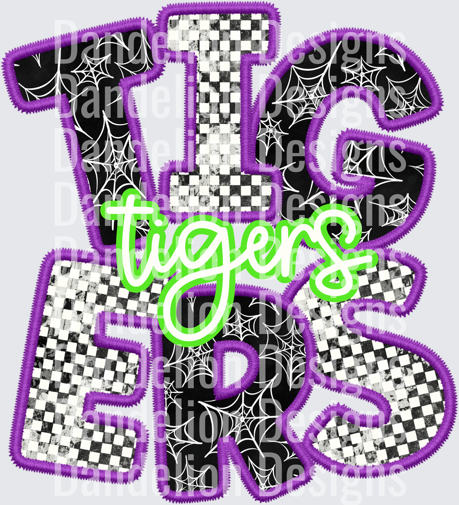 Halloween Tigers Stacked Letters Spider Web Checkered Applique