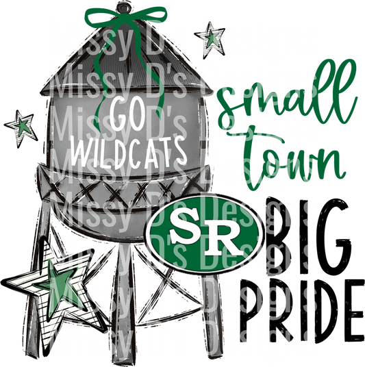 Small Town Big Pride Wildcats Water Tower with Green Bow