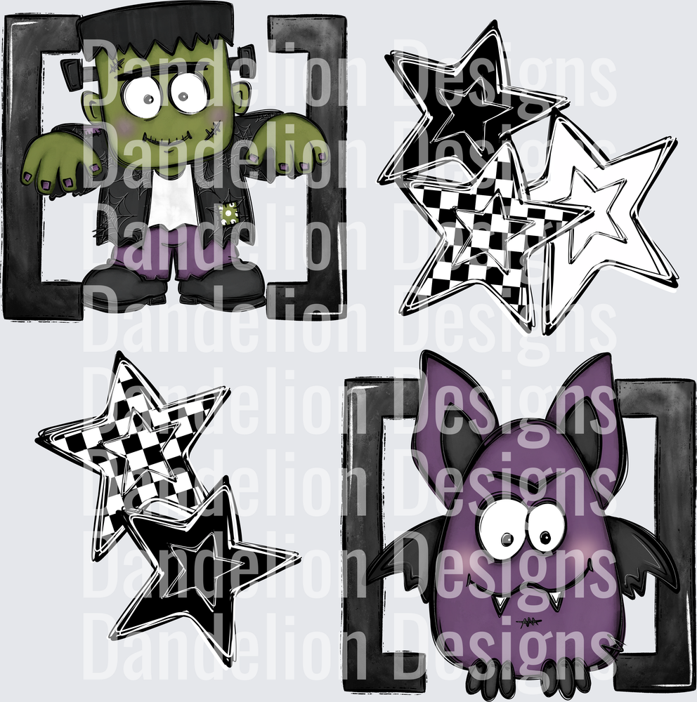 Cute Halloween Frankenstein Bat Checkered Stars Bundle