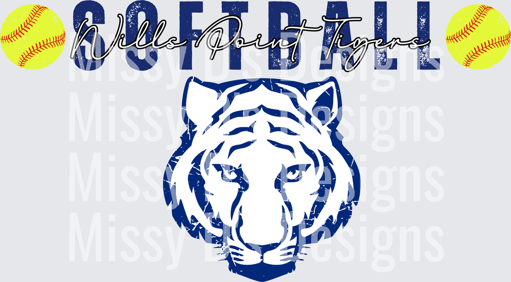 Wills Point Tigers Softball Distressed Tiger Head with Softballs