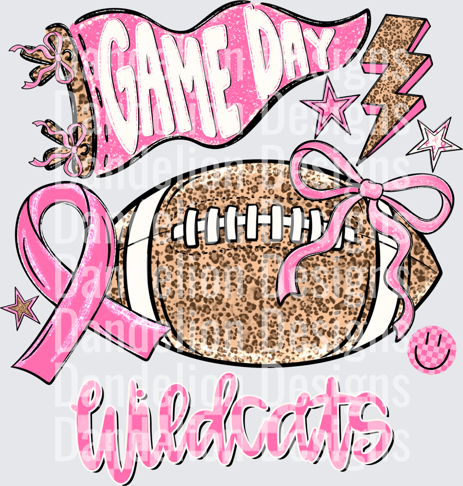 Game Day Wildcats Leopard Football Pink Ribbon Bow Design