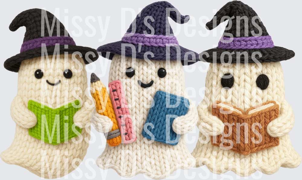 Crochet Knit Ghost Trio Witch Hats Reading Books Halloween