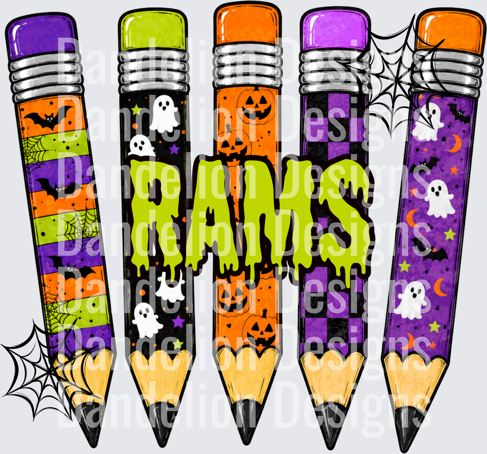 Rams Halloween Pencils Ghosts Pumpkins Bats Drip Text