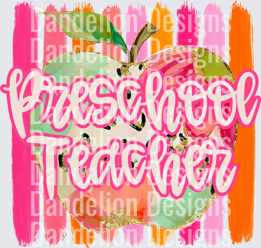 Preschool Teacher Gold Glitter Apple Colorful Brush Strokes