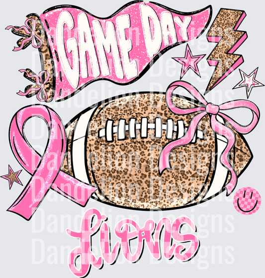 Game Day Lions Pink Leopard Football Breast Cancer Ribbon