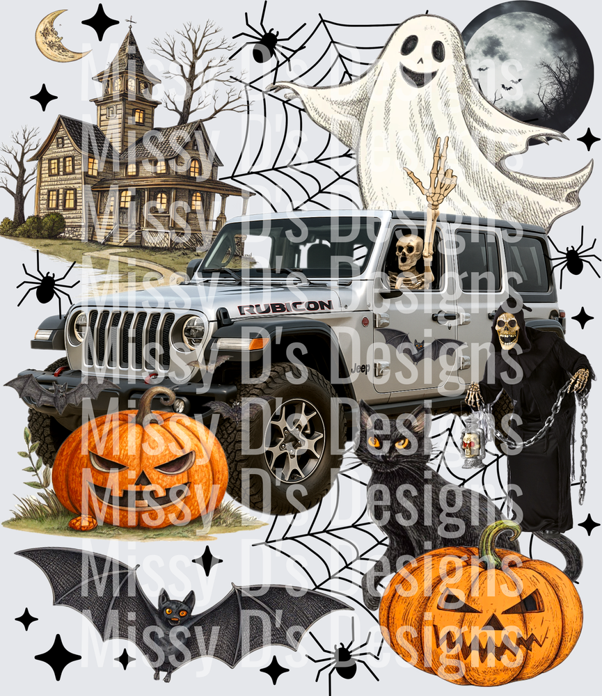 Halloween Jeep Wrangler Rubicon Skeleton Ghost Spooky Scene