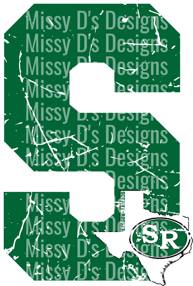 Distressed Green Block Letter S with Texas State Outline