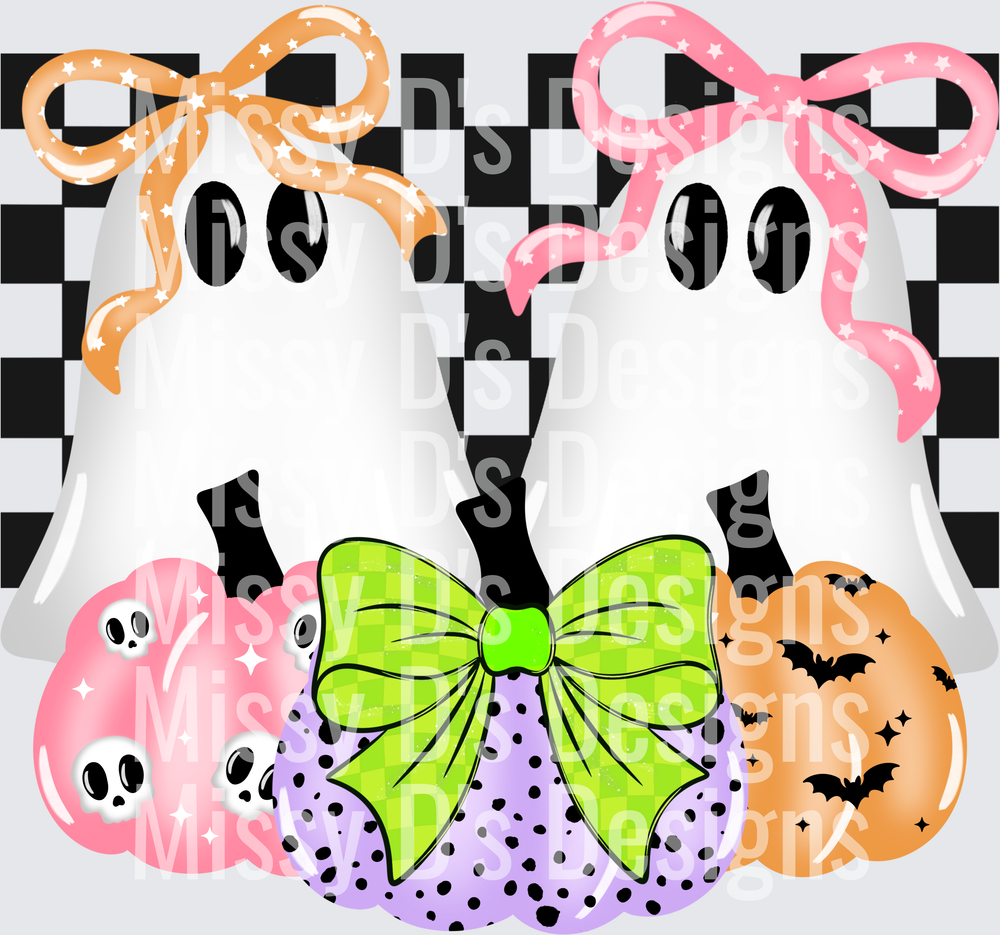 Cute Bow Ghosts Colorful Pumpkins Checkered Halloween