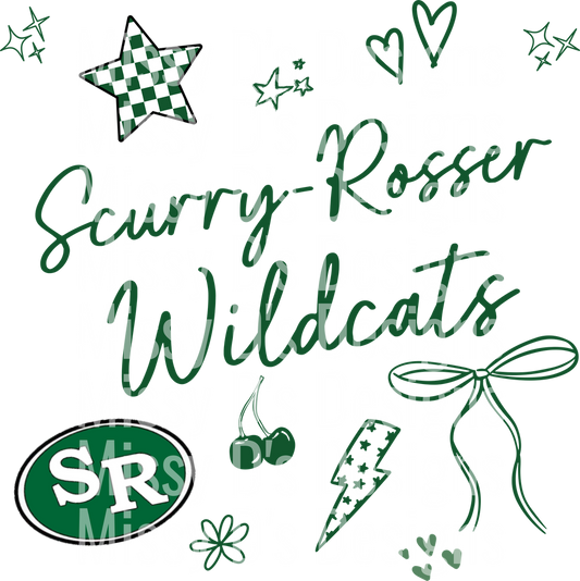 Scurry-Rosser Wildcats Green School Spirit Design with Stars Hearts and Lightning Bolt