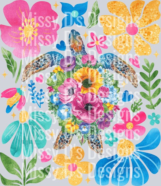 boho floral sea turtle