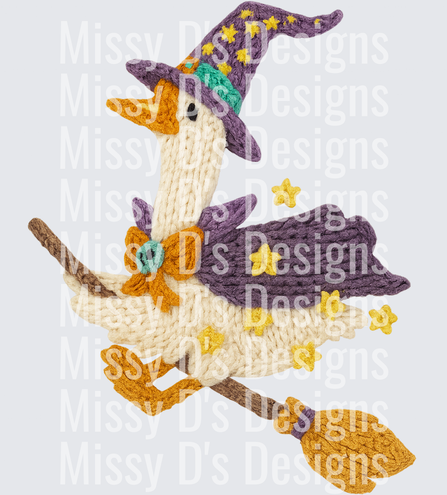 Knitted Witch Duck Flying on Broomstick with Stars
