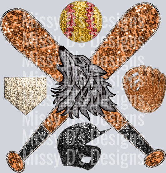 softball glitter wolf mascot