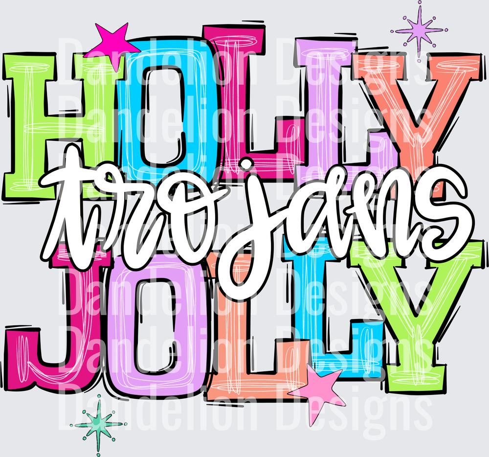 Holly Jolly Trojans Colorful Christmas Typography