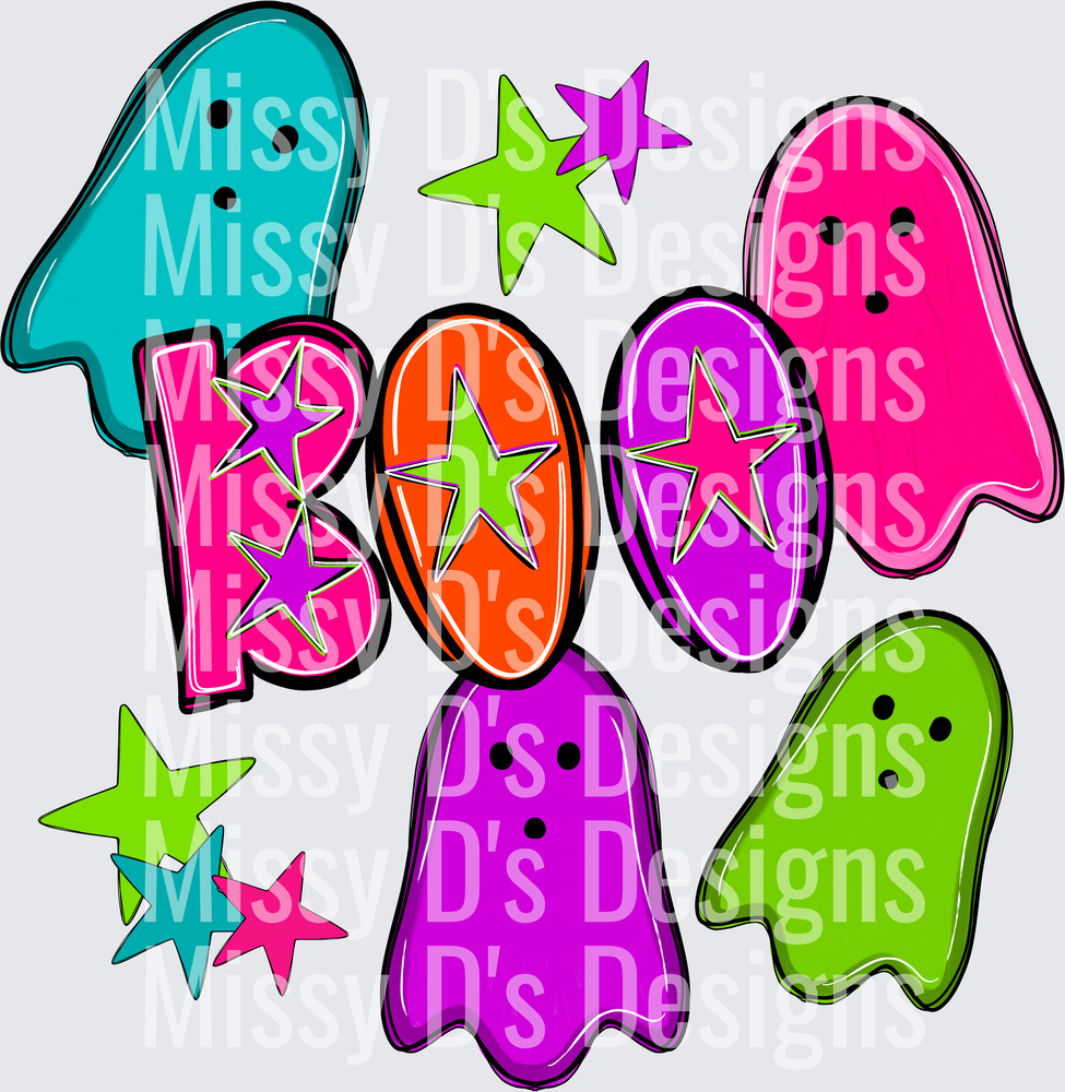 Neon BOO Halloween Ghosts with Colorful Stars