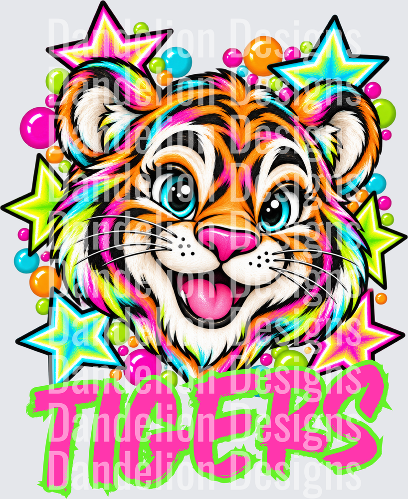Neon Rainbow Tigers Mascot with Stars and Bubbles