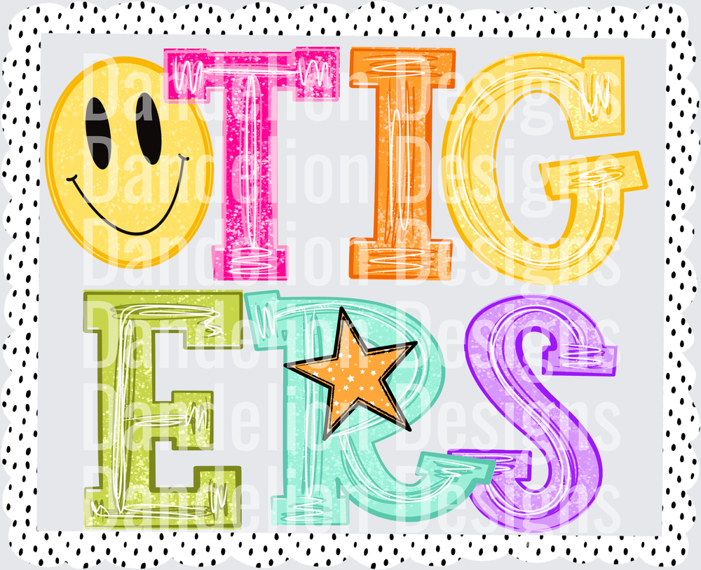 Colorful Tigers Mascot Text Smiley Face Doodle Letters
