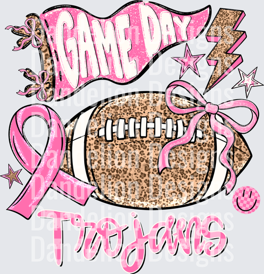 Game Day Trojans Leopard Football Pink Breast Cancer Ribbon