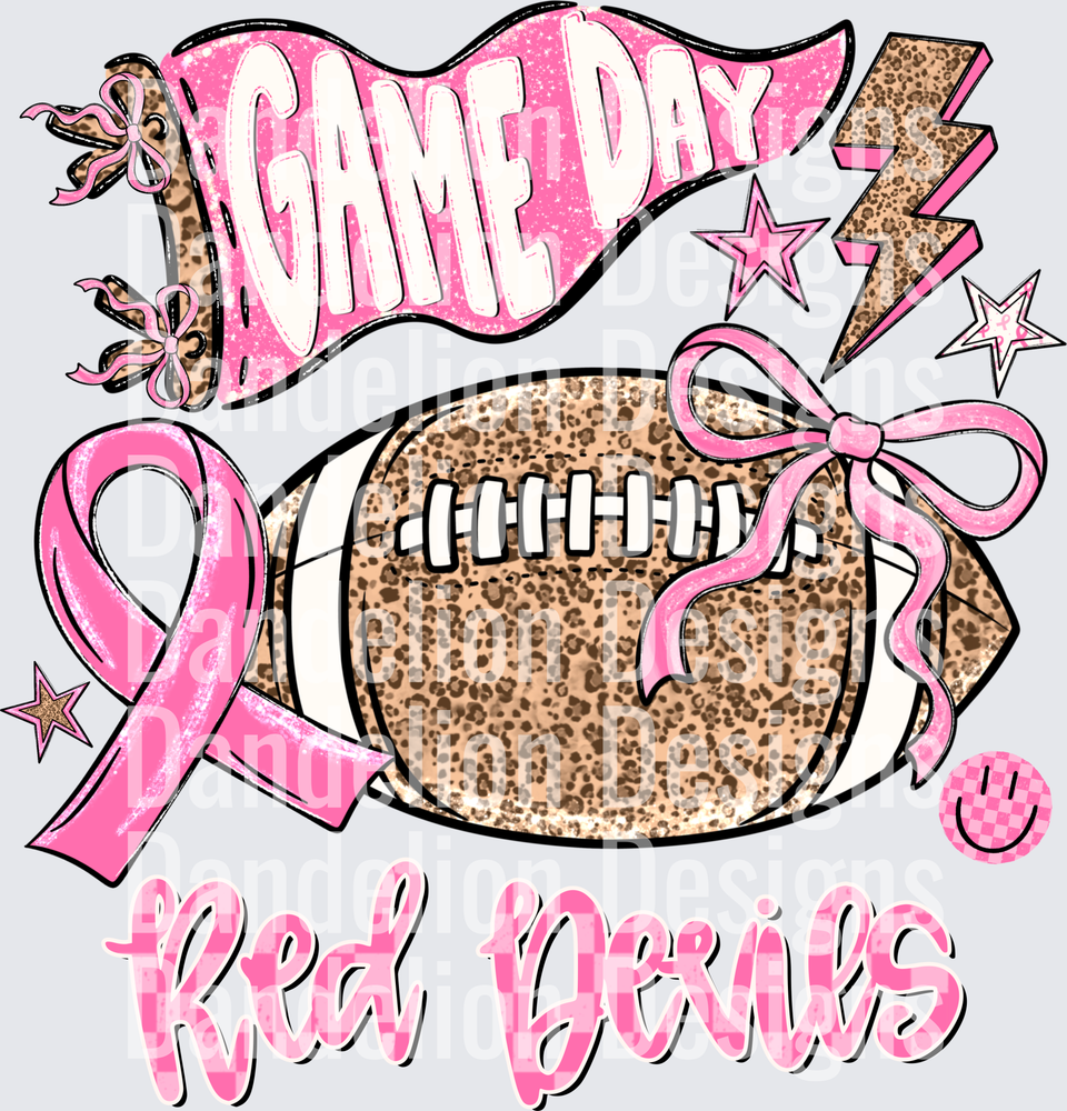 Game Day Red Devils Pink Leopard Football Breast Cancer Ribbon