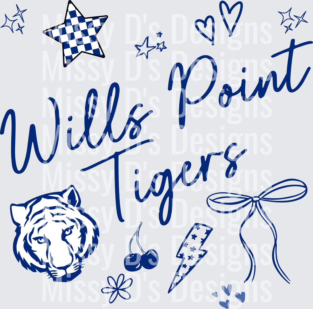 Wills Point Tigers Navy Blue Script with Tiger Mascot Doodles