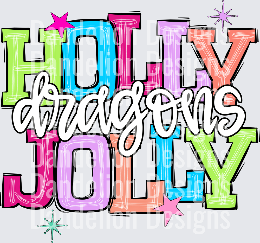 Holly Jolly Dragons Colorful Bold Stacked Letter Design