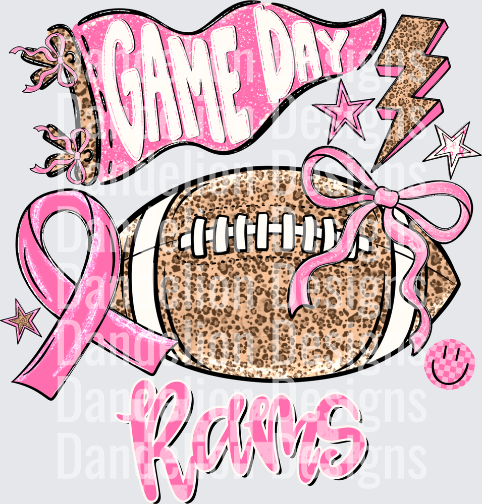 Game Day Rams Pink Leopard Football Breast Cancer Ribbon