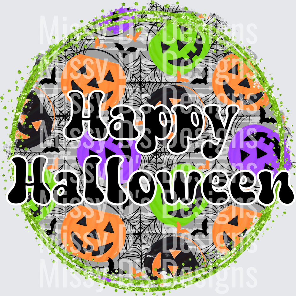 Happy Halloween Colorful Jack-O-Lanterns Spider Web Circle