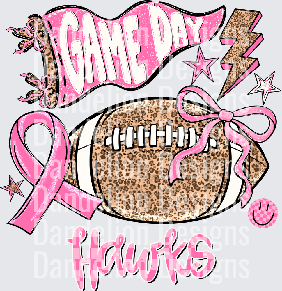 Game Day Hawks Leopard Football Pink Ribbon Breast Cancer
