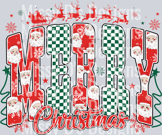 checkered merry christmas red sleigh