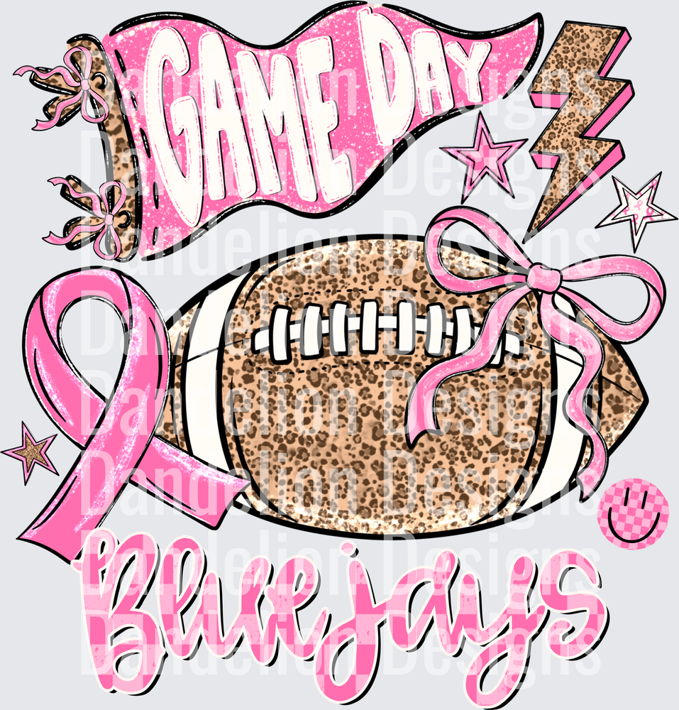 Game Day Bluejays Pink Leopard Football Breast Cancer Ribbon