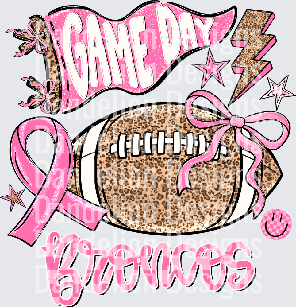 Game Day Broncos Pink Leopard Football Breast Cancer Ribbon
