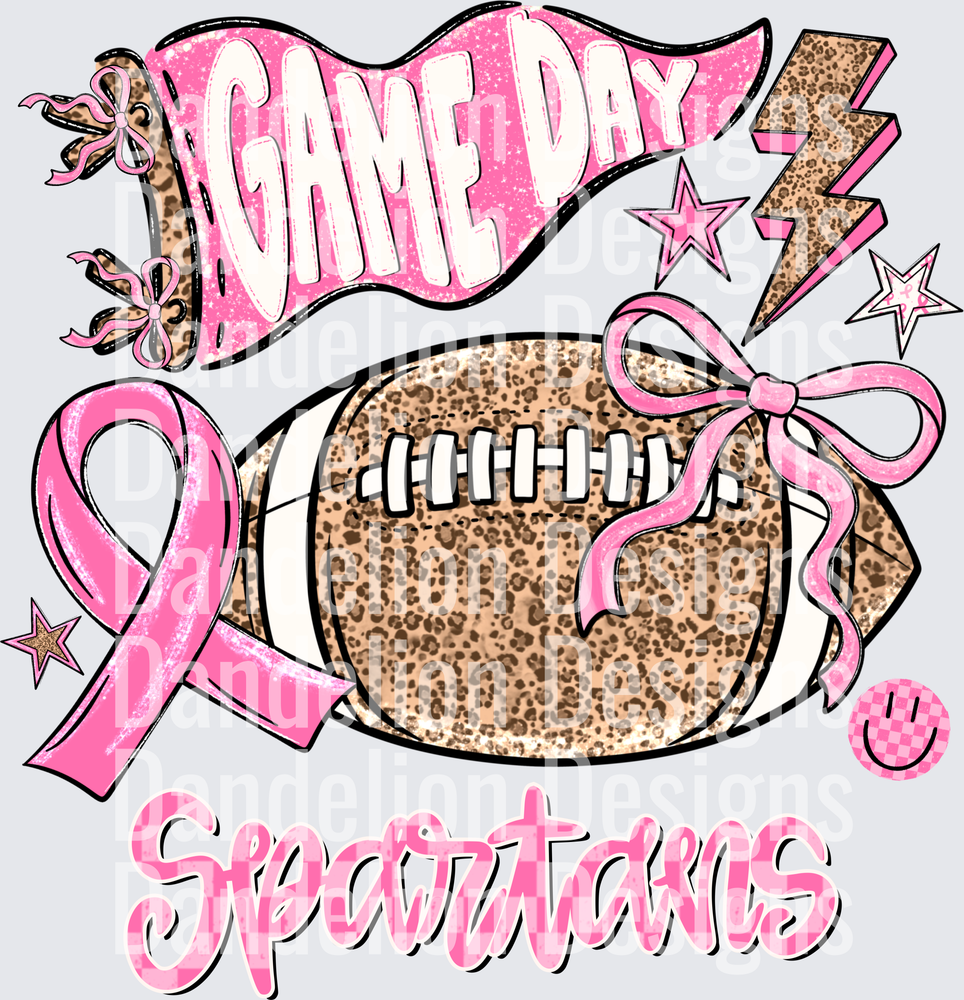 Game Day Spartans Pink Leopard Football Breast Cancer Ribbon