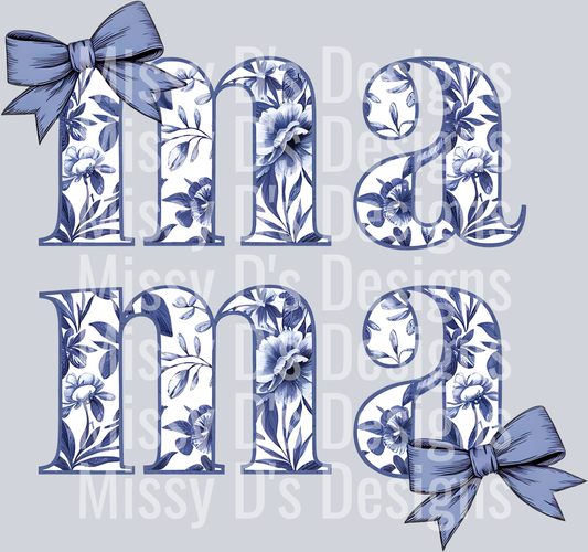 Mama Floral PNG, Blue Coquette Bow PNG
