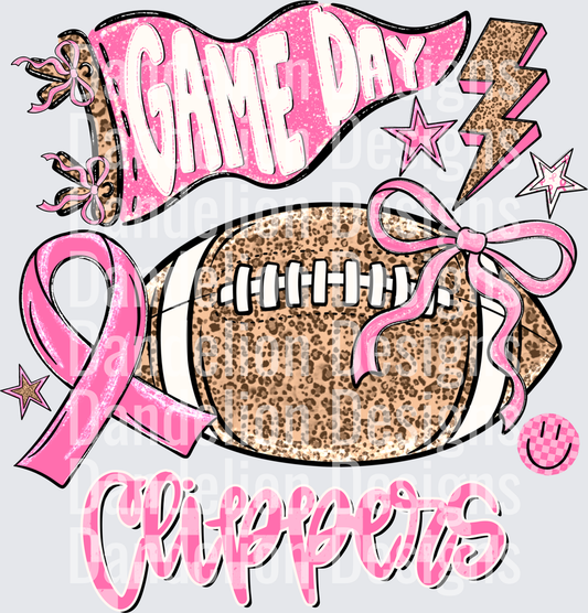 Game Day Clippers Leopard Football Pink Ribbon Bow