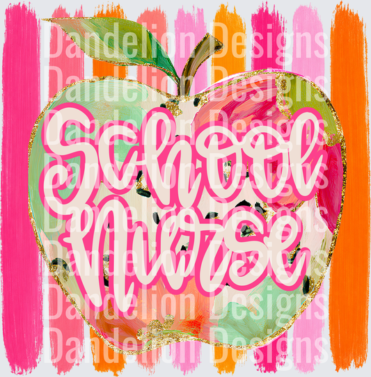 School Nurse Gold Glitter Apple Pink Orange Brush Strokes