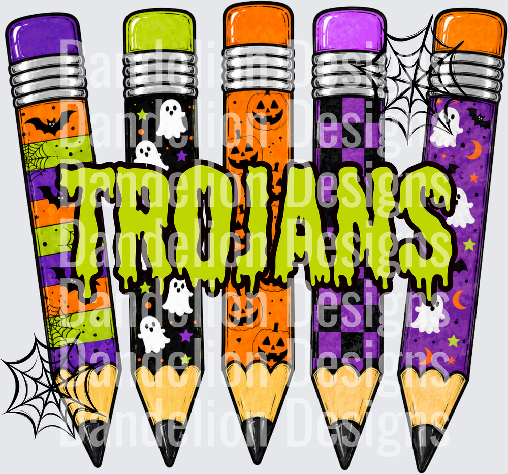 Trojans Halloween Pencils Ghosts Pumpkins Spiderweb Design