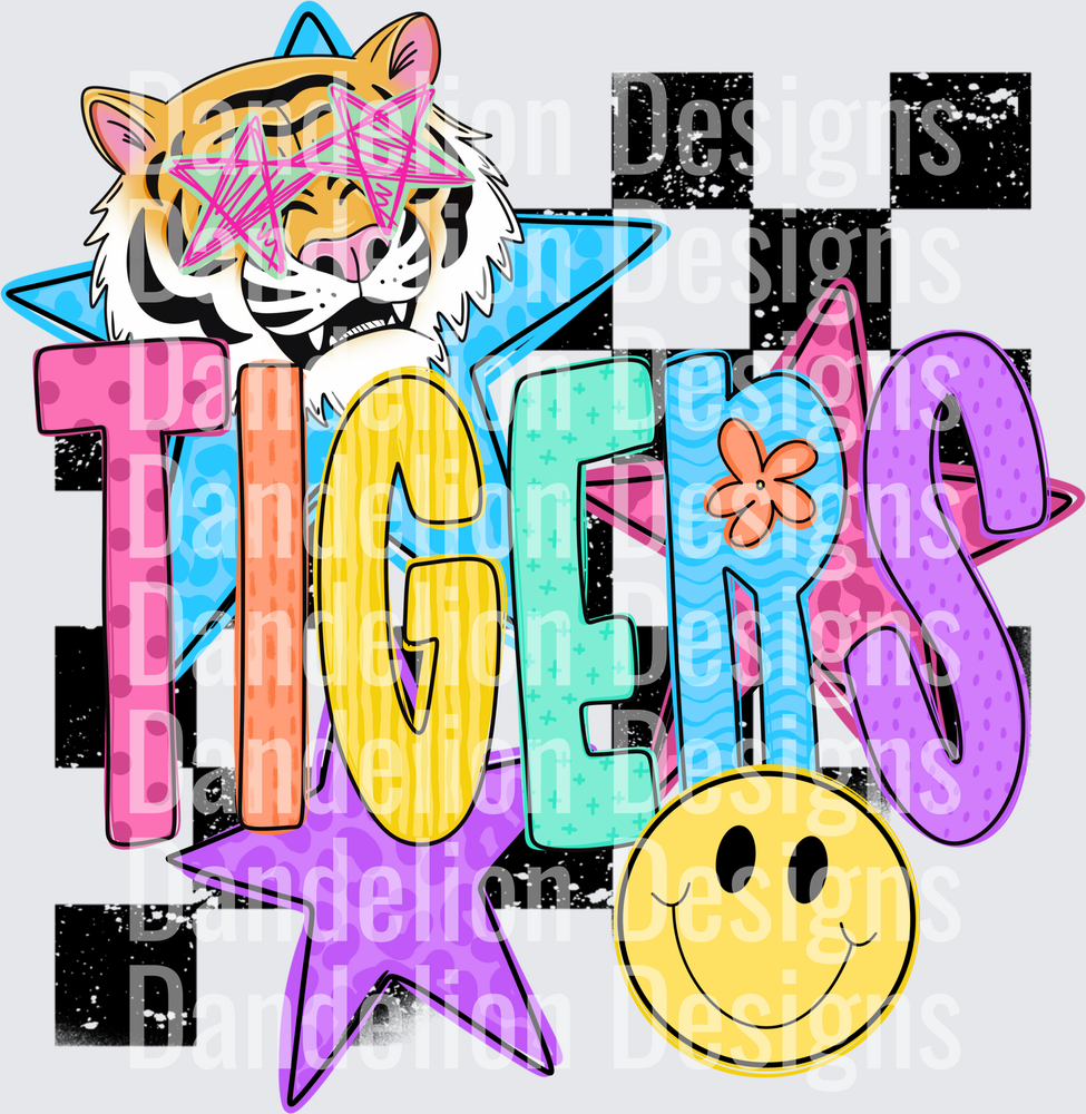 Retro Tigers Mascot Star Sunglasses Checkered Smiley Face