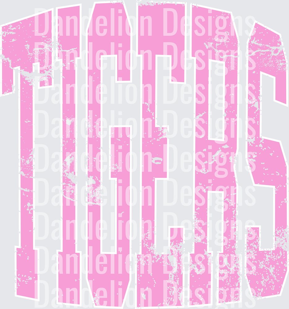 Tigers Distressed Vintage Pink Bold Block Letter Stacked Word