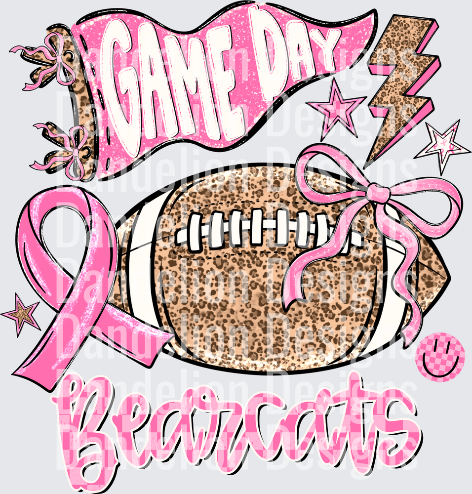 Game Day Bearcats Pink Leopard Football Breast Cancer Ribbon