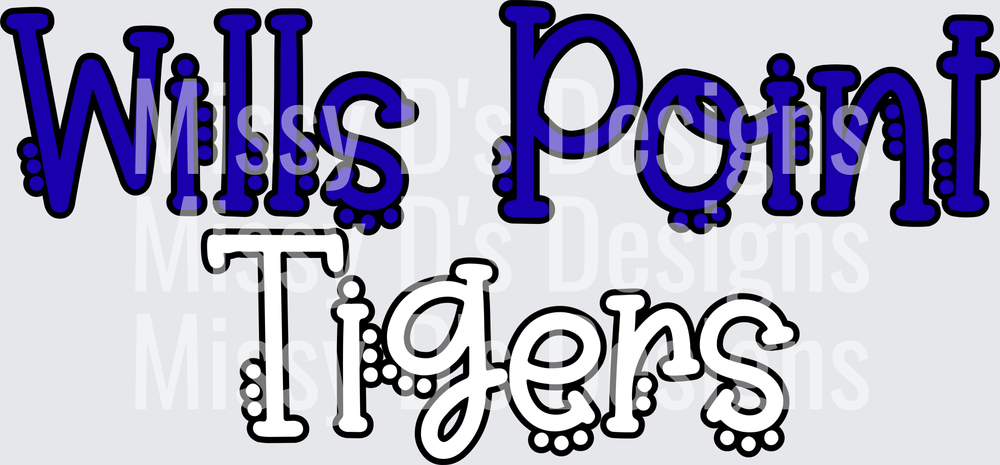 Wills Point Tigers Blue and White Dotted Font Text Design