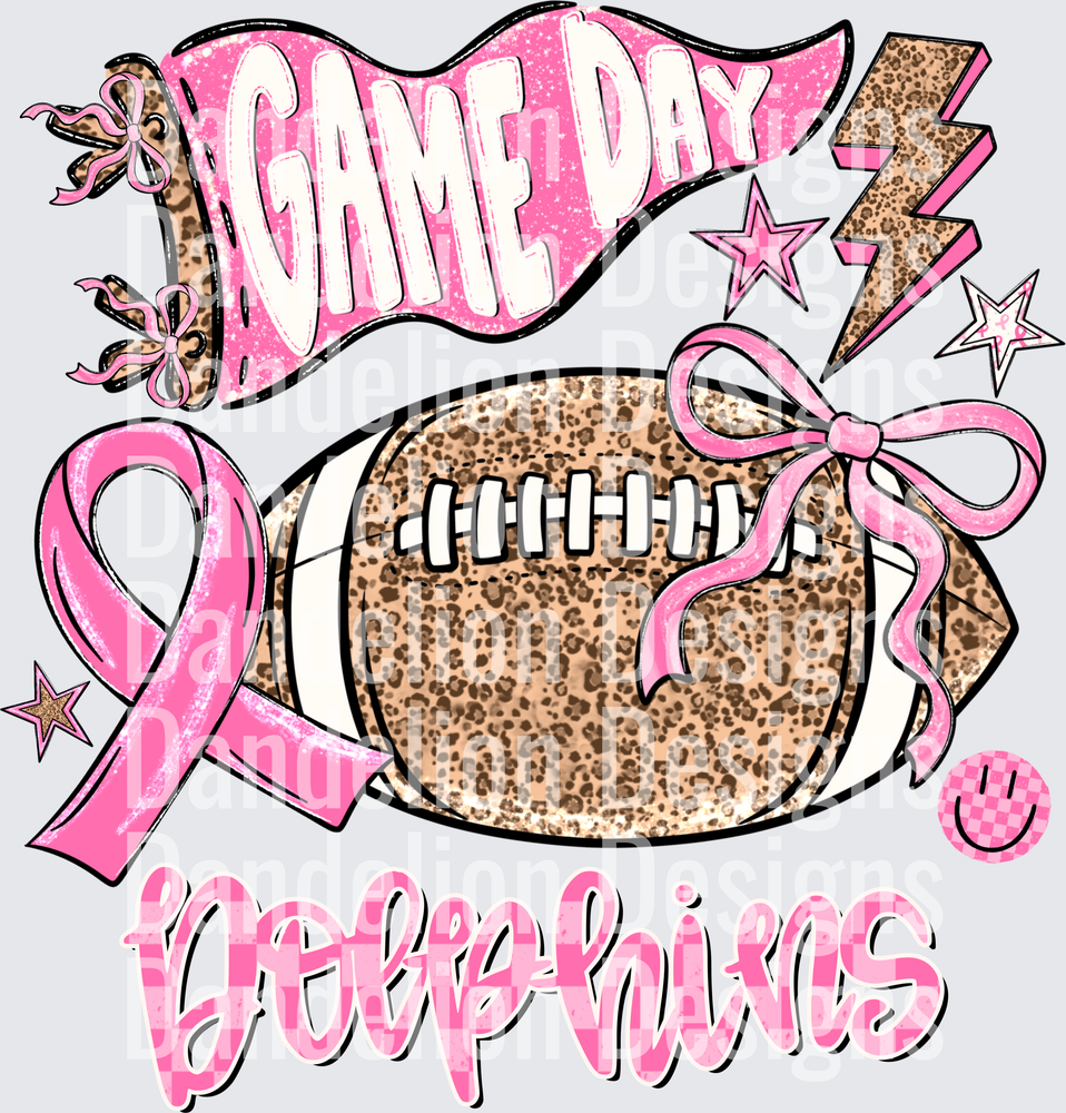Game Day Dolphins Pink Leopard Football Breast Cancer Ribbon