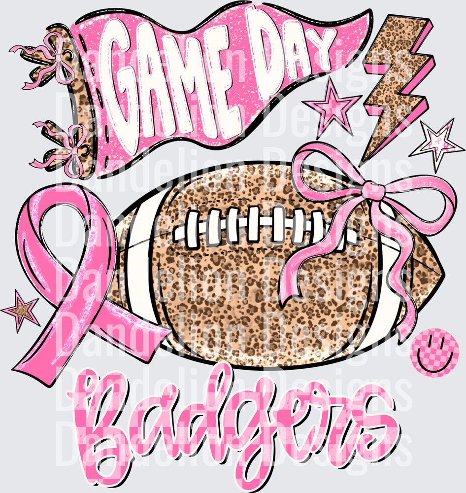 Game Day Badgers Breast Cancer Awareness Football Pink Bow