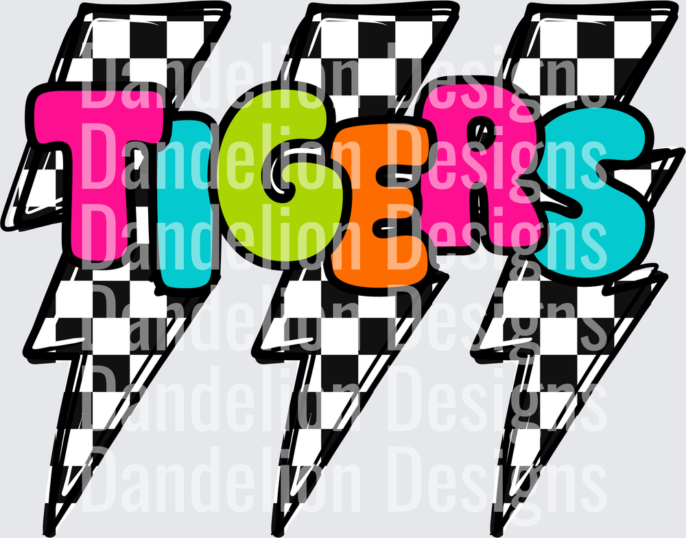 Tigers Neon Bubble Letters Triple Checkered Lightning Bolts