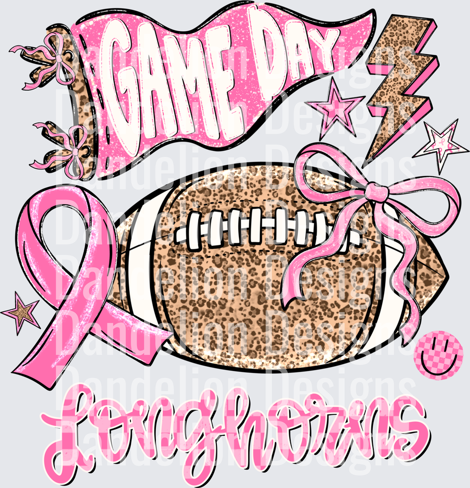 Game Day Longhorns Leopard Football Pink Breast Cancer Ribbon