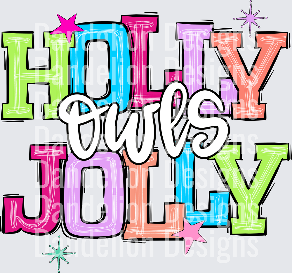 Holly Jolly Owls Colorful Retro Bold Letter Typography