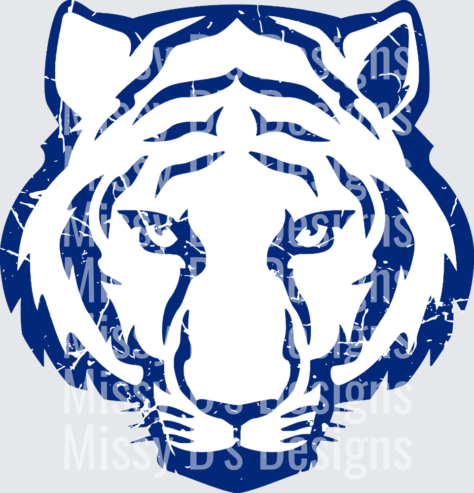 Distressed Blue Tiger Face Mascot Front View