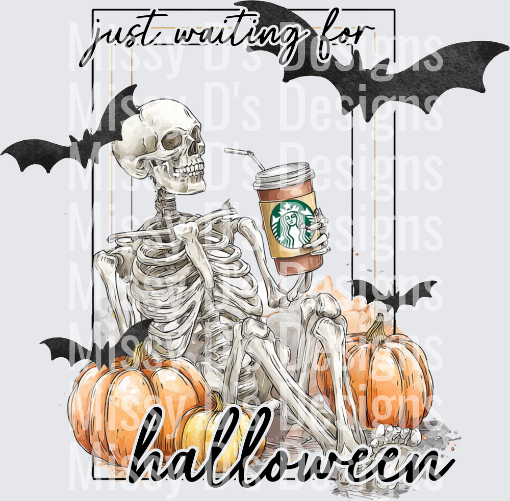 Just Waiting For Halloween Skeleton With Starbucks Pumpkins